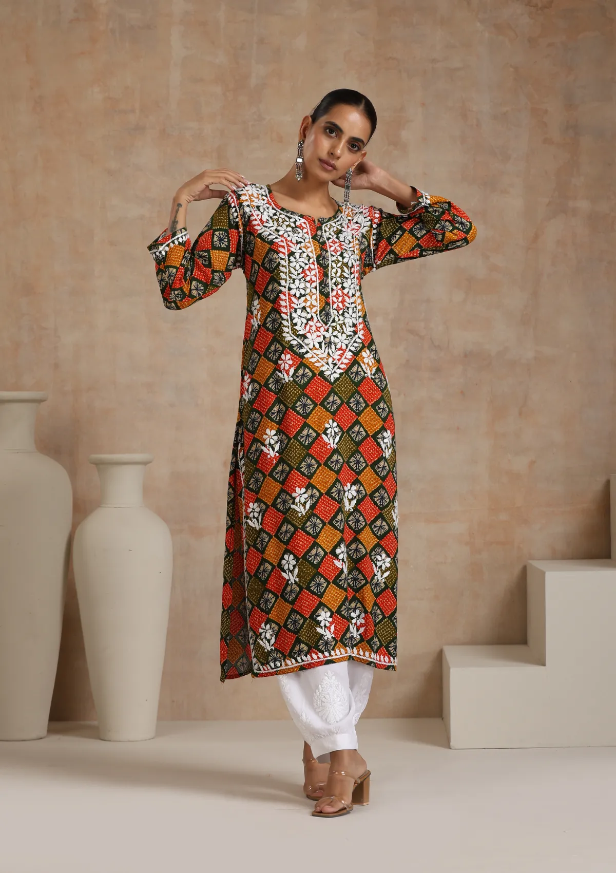 Rayon Chikankari Printed Women's Long Kurta - Green