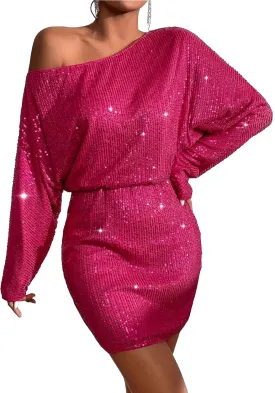 RED DOT BOUTIQUE 863 - Asymmetrical Neck Off Shoulder Batwing Sleeves Sequin Party Plus Size Dress