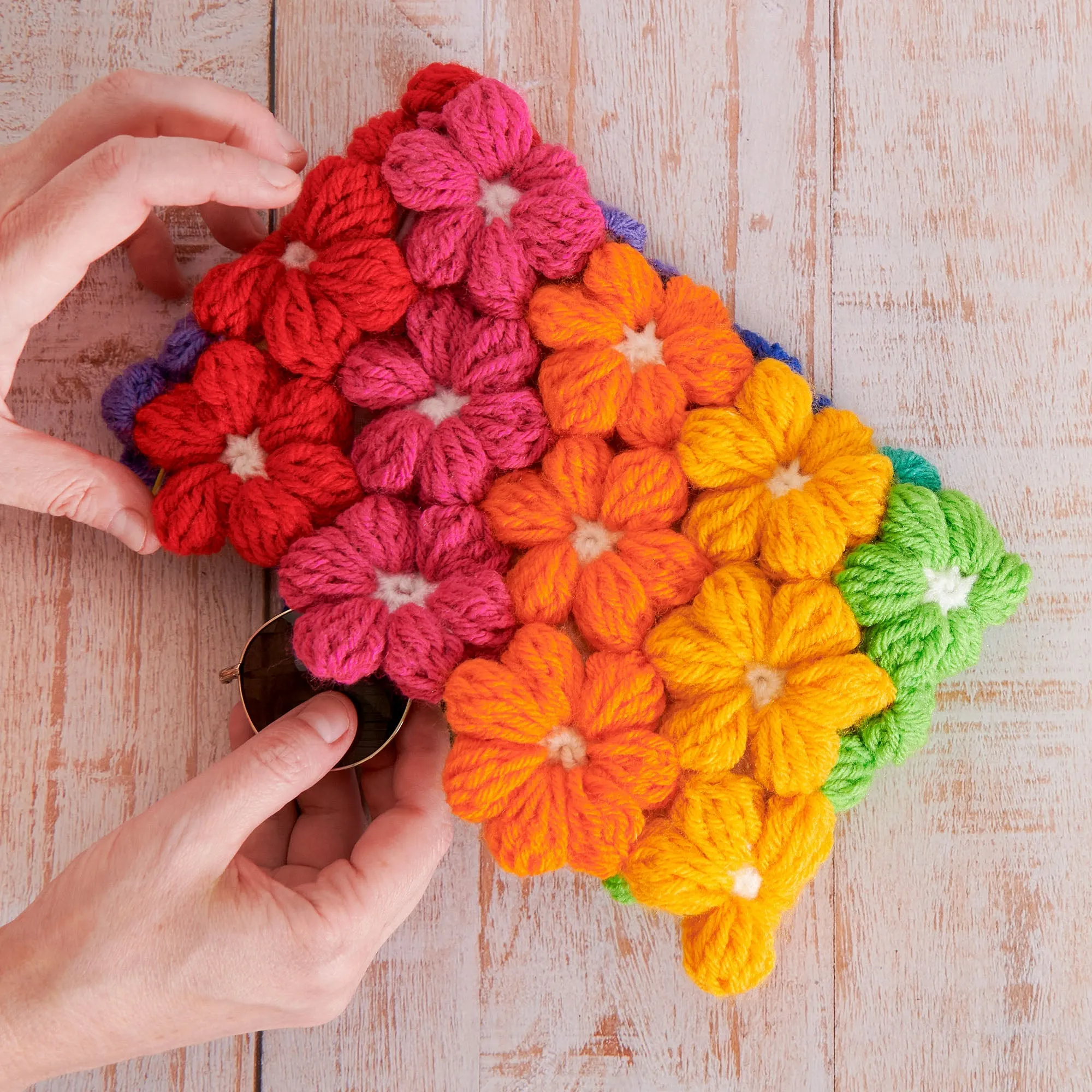 Red Heart Puffy Flowers Crochet Clutch