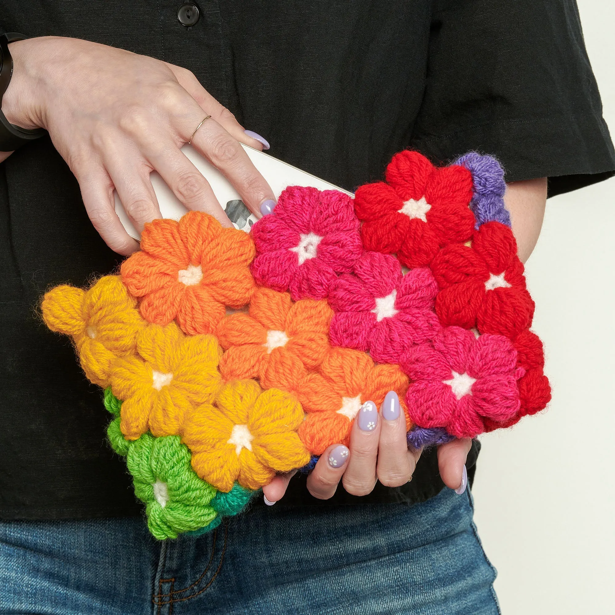 Red Heart Puffy Flowers Crochet Clutch