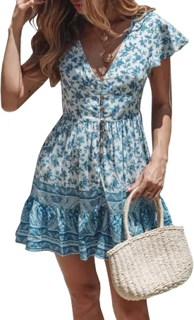 R.Vivimos Women's Short Sleeve Floral Print V Neck Cotton Tunic Dress