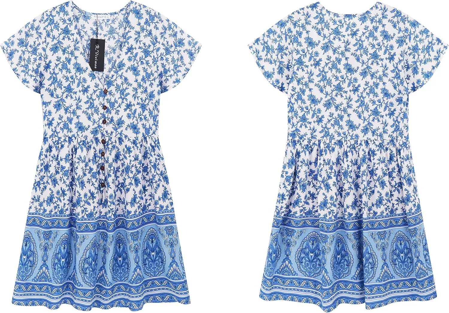 R.Vivimos Women's Short Sleeve Floral Print V Neck Cotton Tunic Dress