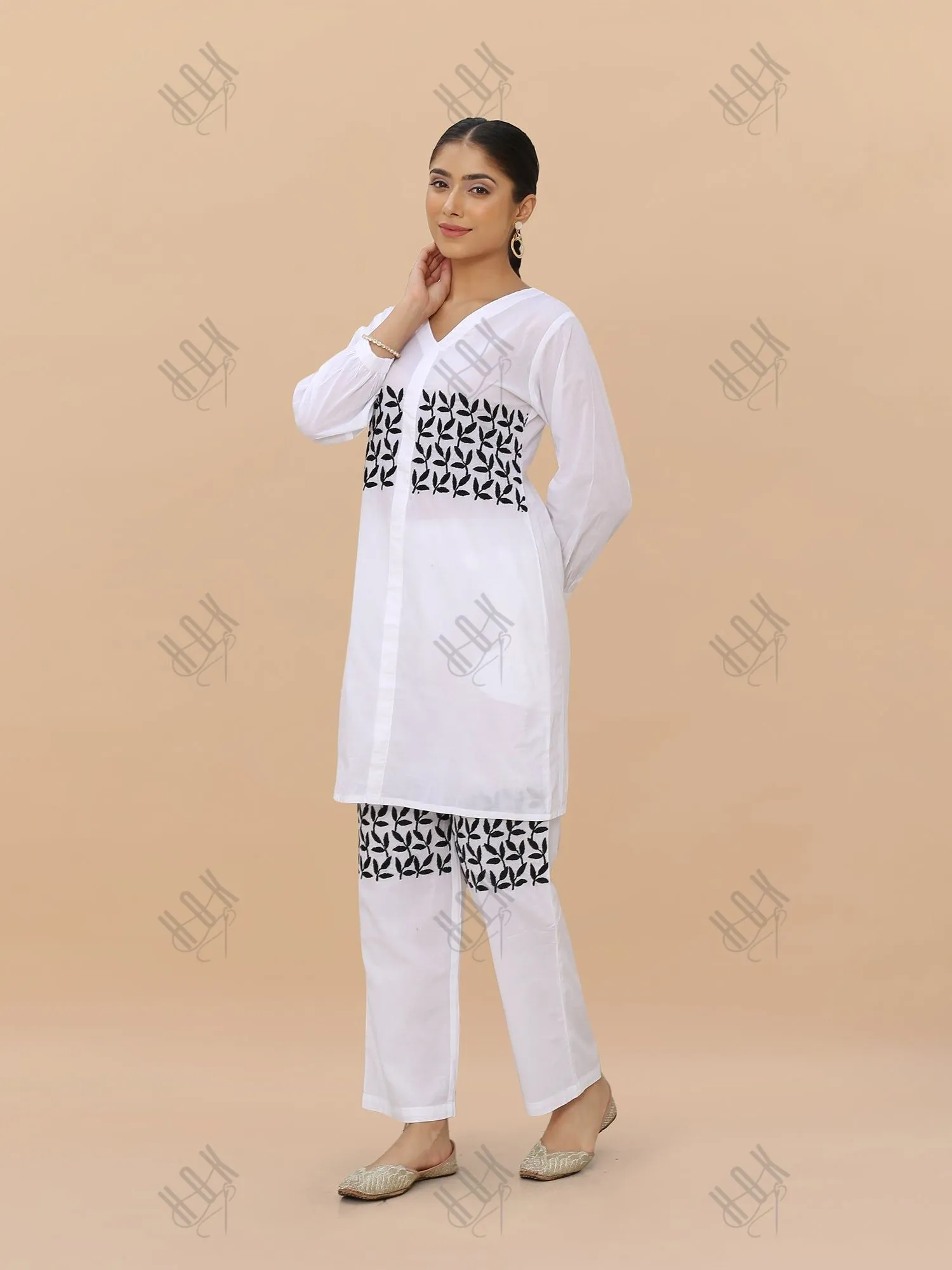 Saba Chikankari Cord Set in Cambric cotton - White with Black