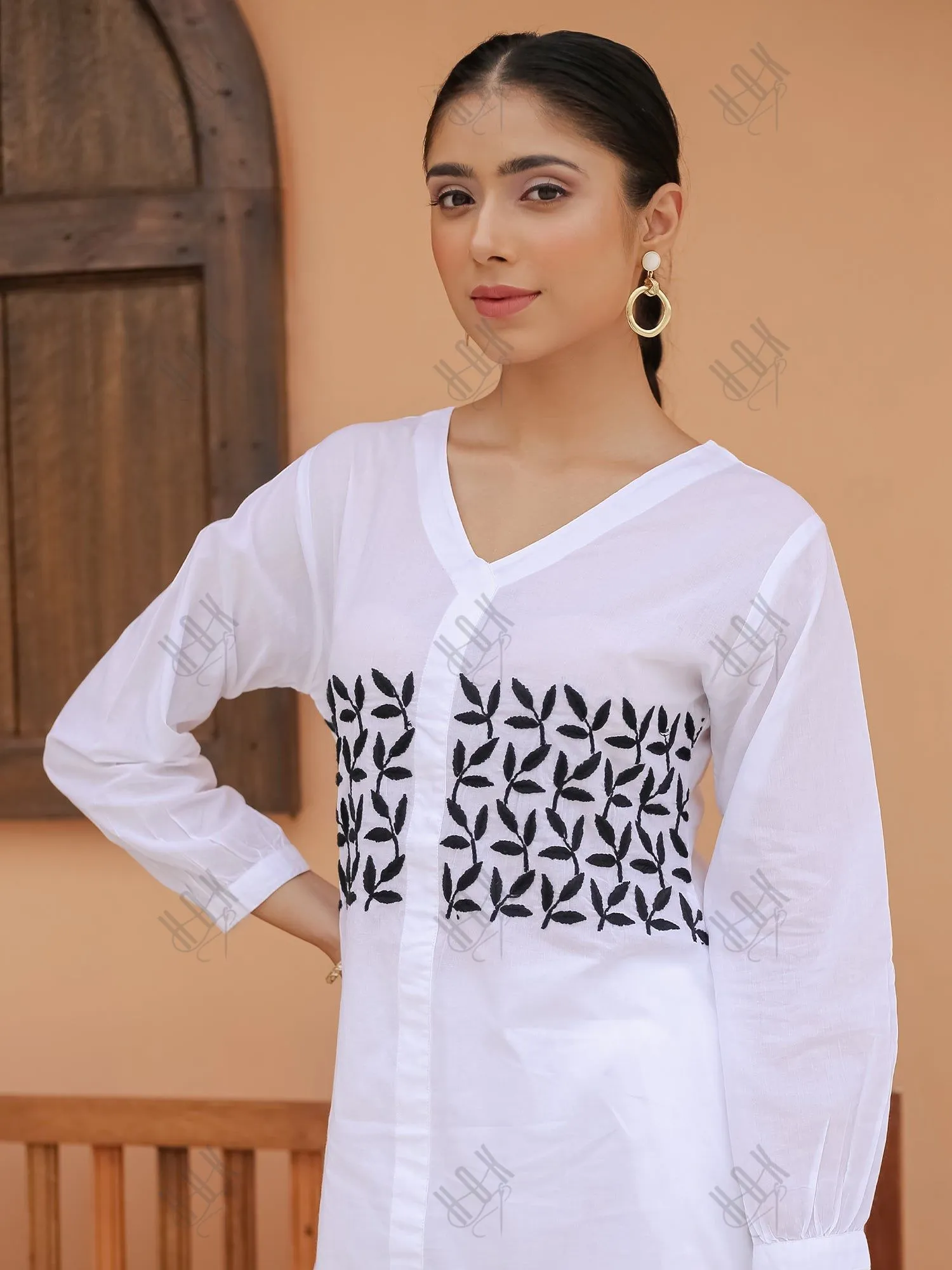 Saba Chikankari Cord Set in Cambric cotton - White with Black