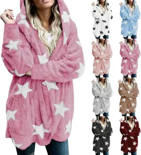 Sherpa Jacket Women Fuzzy Fleece Open Front Hooded Cardigan Cute Star Graphic Hoodie Fluffy Warm Winter Coats Outwear