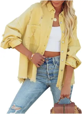 Women Cropped Ripped Distressed Denim Jacket Long Sleeve Button Up Jean Coat Cardigan Fringe with Frayed Hem