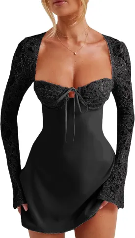 Women Lace Mini Dress Sexy Square Neck Lace Long Sleeves Backless Tie-Up A-Line Short Dresses Cocktail Bodycon Dress
