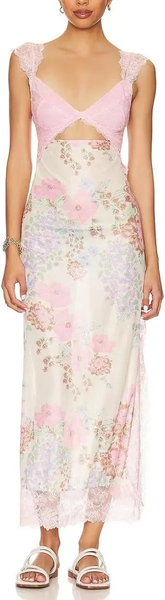 Women Sexy Lace Patchwork Mesh Maxi Dress Floral Print Cutout Sweetheart Neck Backless Slit Summer Y2K Long Dresses