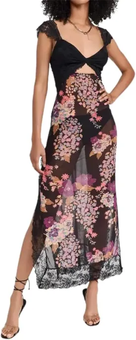 Women Sexy Lace Patchwork Mesh Maxi Dress Floral Print Cutout Sweetheart Neck Backless Slit Summer Y2K Long Dresses