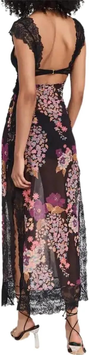 Women Sexy Lace Patchwork Mesh Maxi Dress Floral Print Cutout Sweetheart Neck Backless Slit Summer Y2K Long Dresses