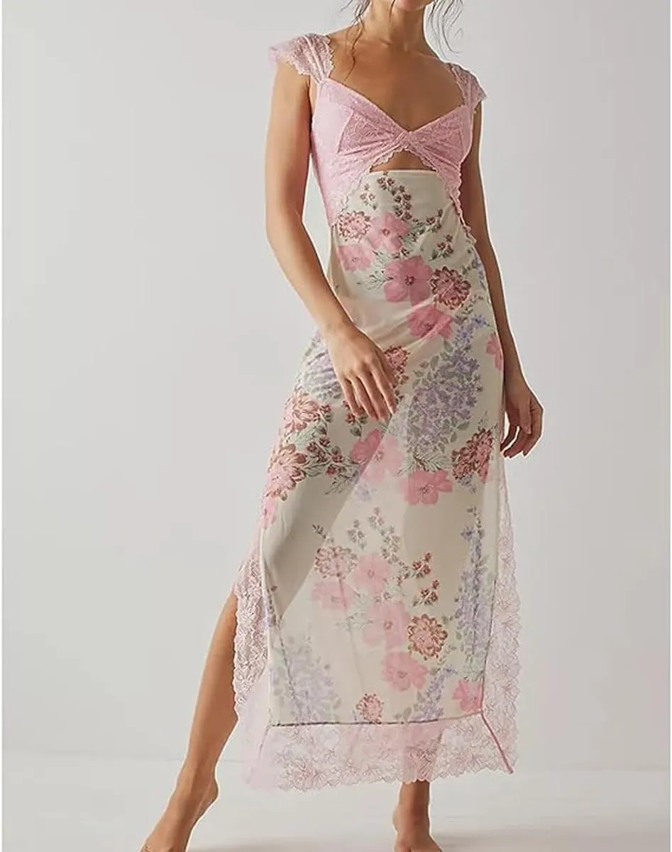 Women Sexy Lace Patchwork Mesh Maxi Dress Floral Print Cutout Sweetheart Neck Backless Slit Summer Y2K Long Dresses