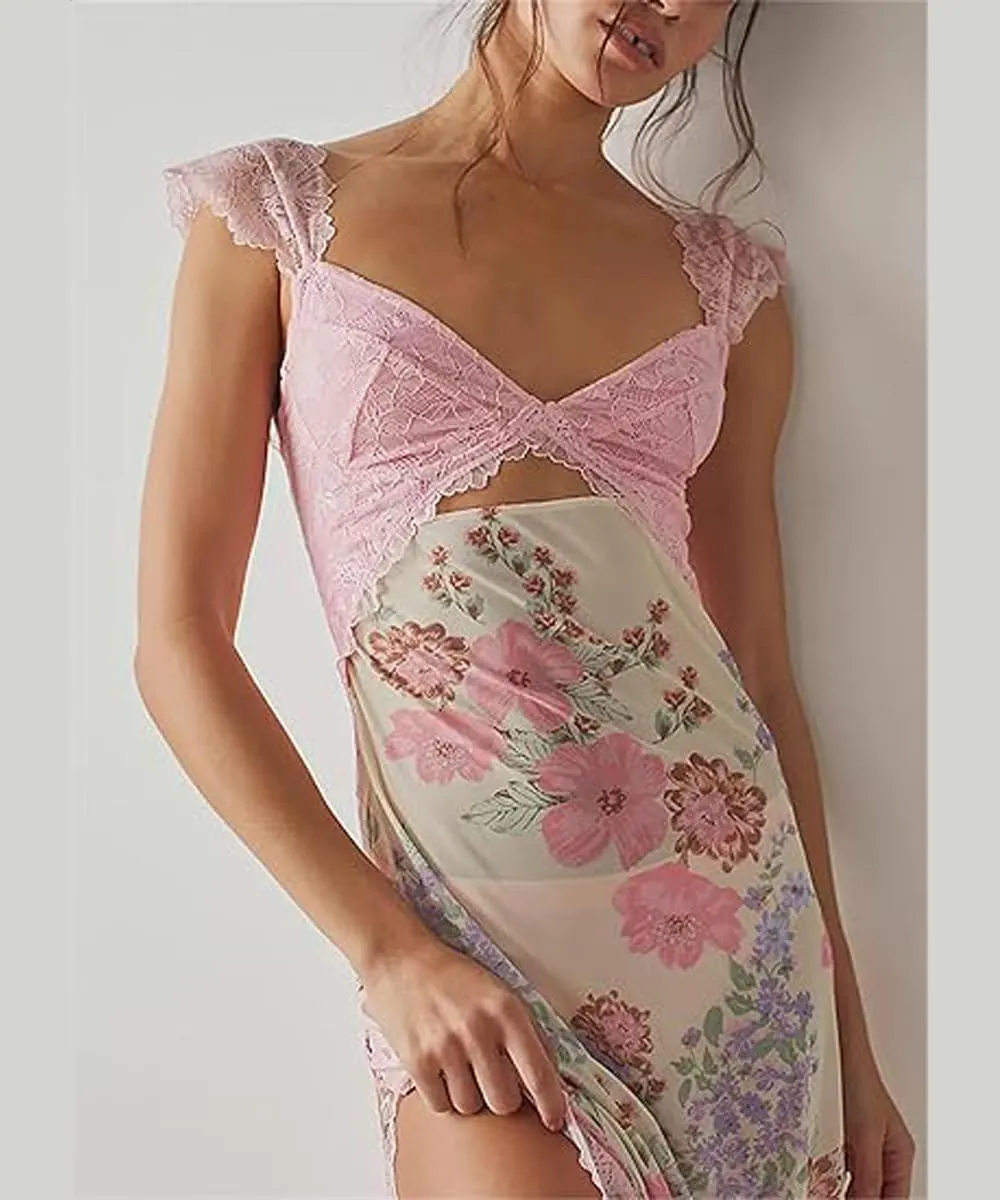 Women Sexy Lace Patchwork Mesh Maxi Dress Floral Print Cutout Sweetheart Neck Backless Slit Summer Y2K Long Dresses