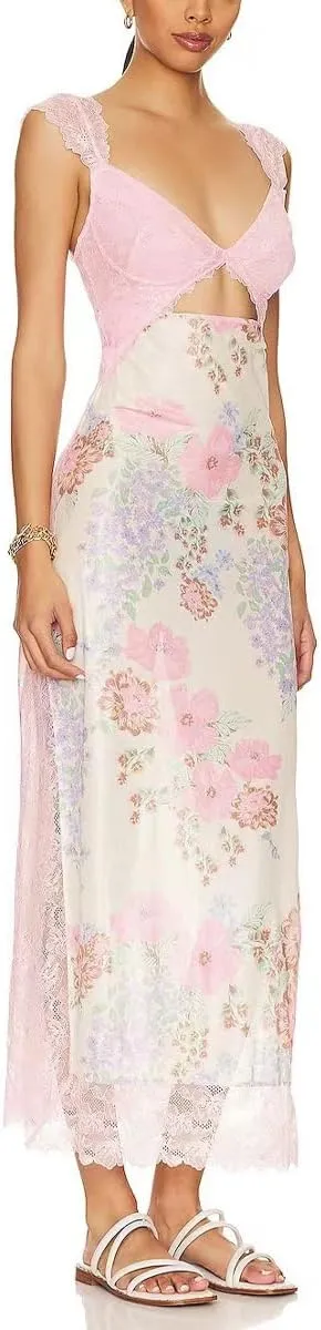 Women Sexy Lace Patchwork Mesh Maxi Dress Floral Print Cutout Sweetheart Neck Backless Slit Summer Y2K Long Dresses