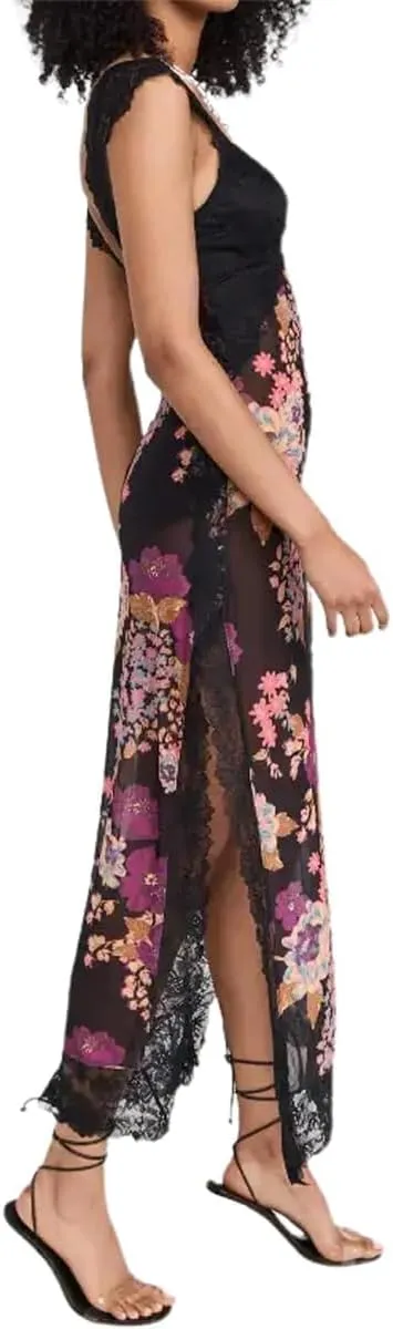 Women Sexy Lace Patchwork Mesh Maxi Dress Floral Print Cutout Sweetheart Neck Backless Slit Summer Y2K Long Dresses