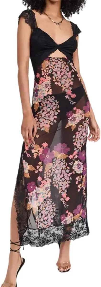 Women Sexy Lace Patchwork Mesh Maxi Dress Floral Print Cutout Sweetheart Neck Backless Slit Summer Y2K Long Dresses