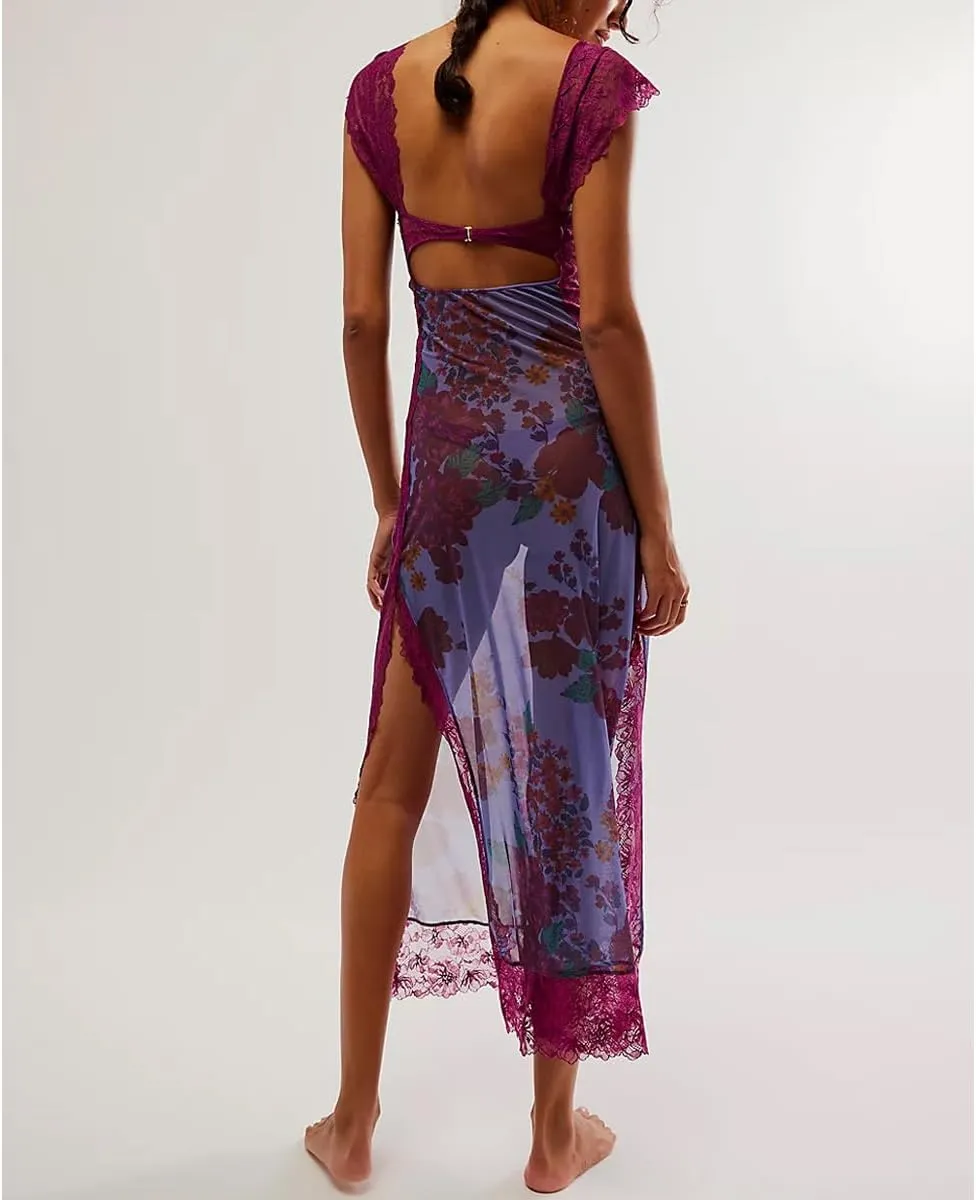 Women Sexy Lace Patchwork Mesh Maxi Dress Floral Print Cutout Sweetheart Neck Backless Slit Summer Y2K Long Dresses