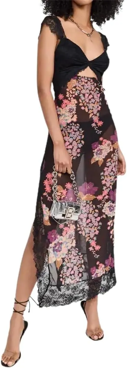 Women Sexy Lace Patchwork Mesh Maxi Dress Floral Print Cutout Sweetheart Neck Backless Slit Summer Y2K Long Dresses