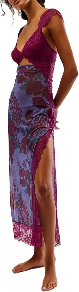 Women Sexy Lace Patchwork Mesh Maxi Dress Floral Print Cutout Sweetheart Neck Backless Slit Summer Y2K Long Dresses