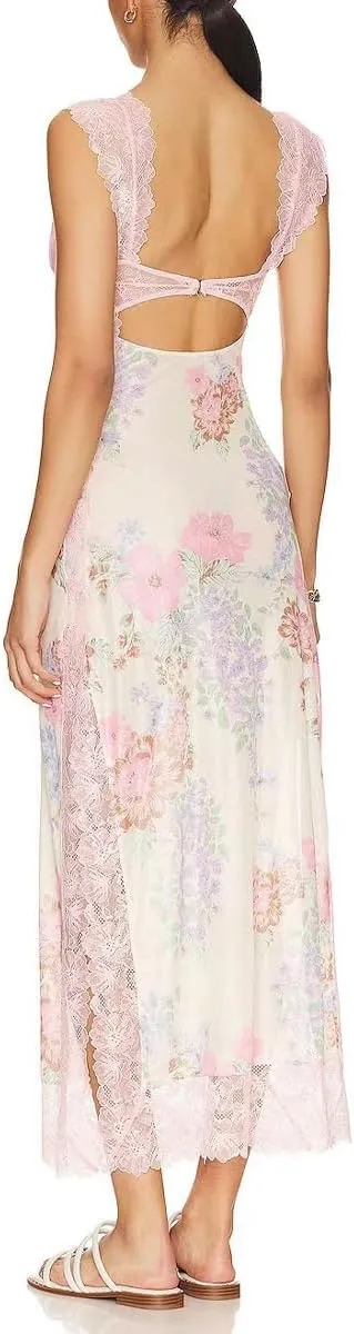 Women Sexy Lace Patchwork Mesh Maxi Dress Floral Print Cutout Sweetheart Neck Backless Slit Summer Y2K Long Dresses