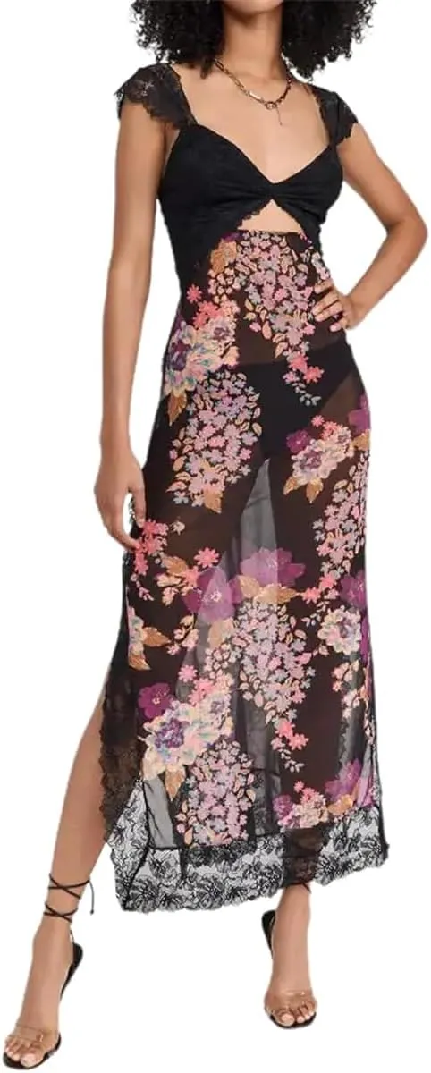 Women Sexy Lace Patchwork Mesh Maxi Dress Floral Print Cutout Sweetheart Neck Backless Slit Summer Y2K Long Dresses