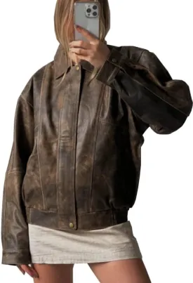 Womens 90'S Vintage Oversized Classic Style Distrees Brown Genuine Leather Bomber Jacket
