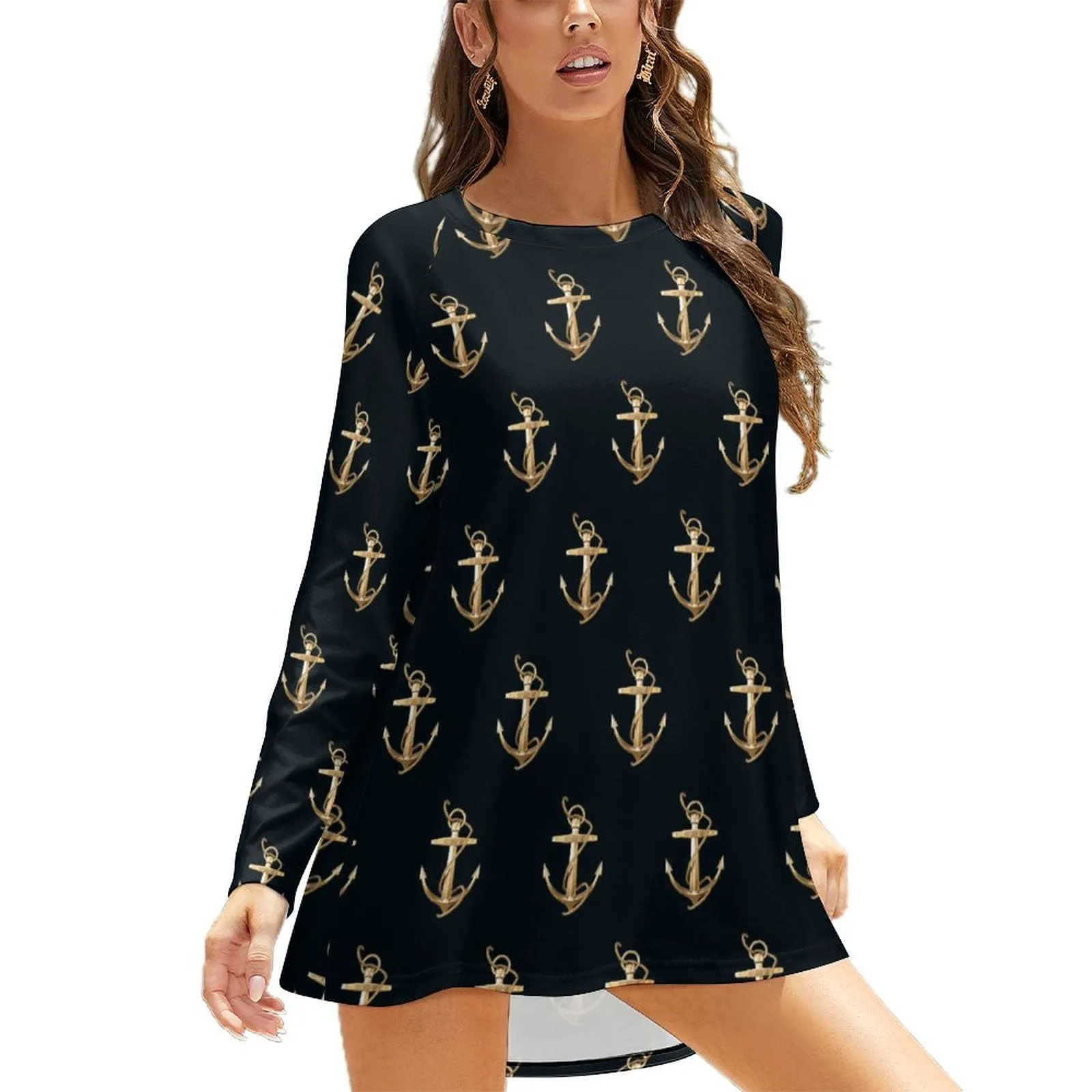 Women's Anchor Blouse, Custom Women's Long Sleeve U-Neck T-Shirts (All-Over Printing)