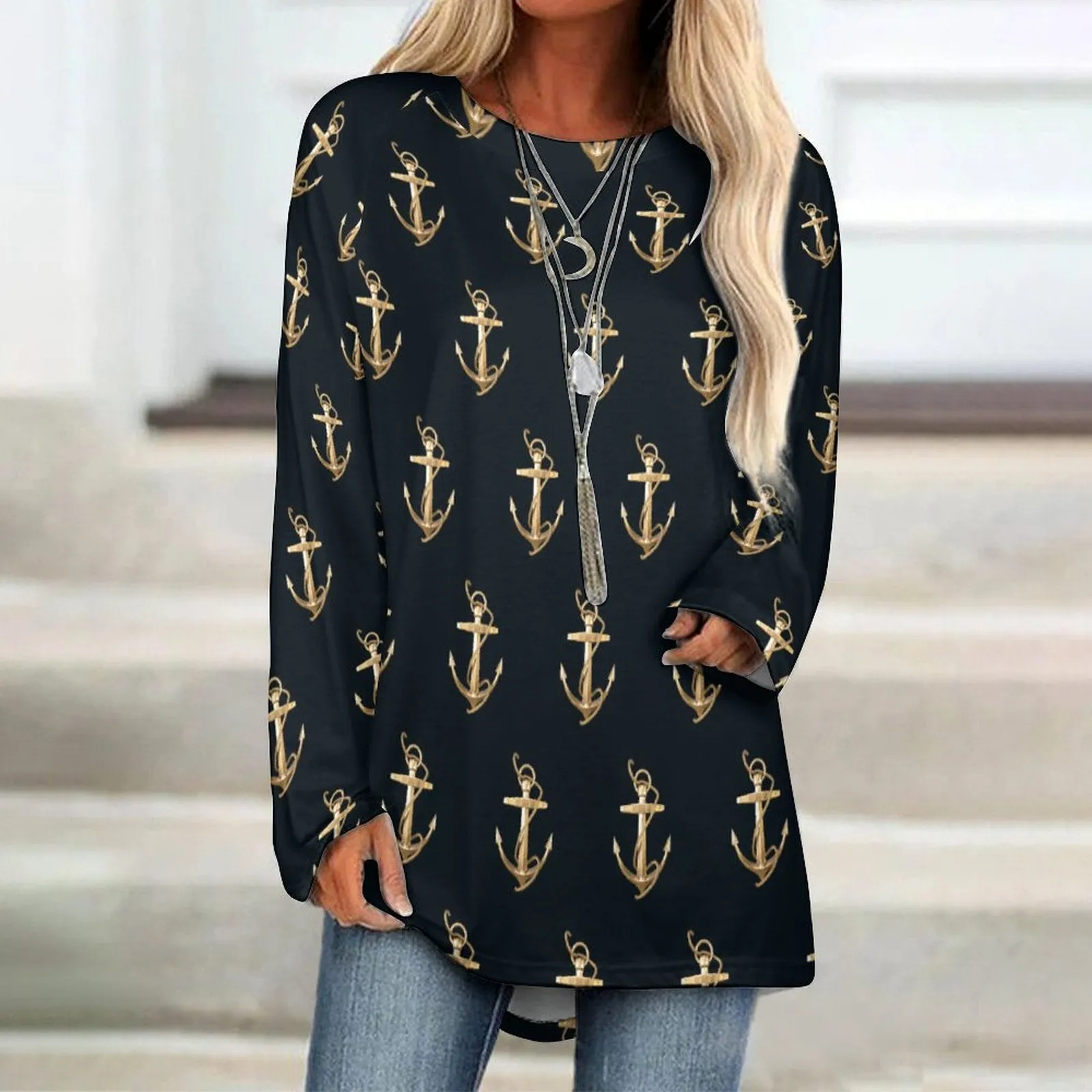 Women's Anchor Blouse, Custom Women's Long Sleeve U-Neck T-Shirts (All-Over Printing)