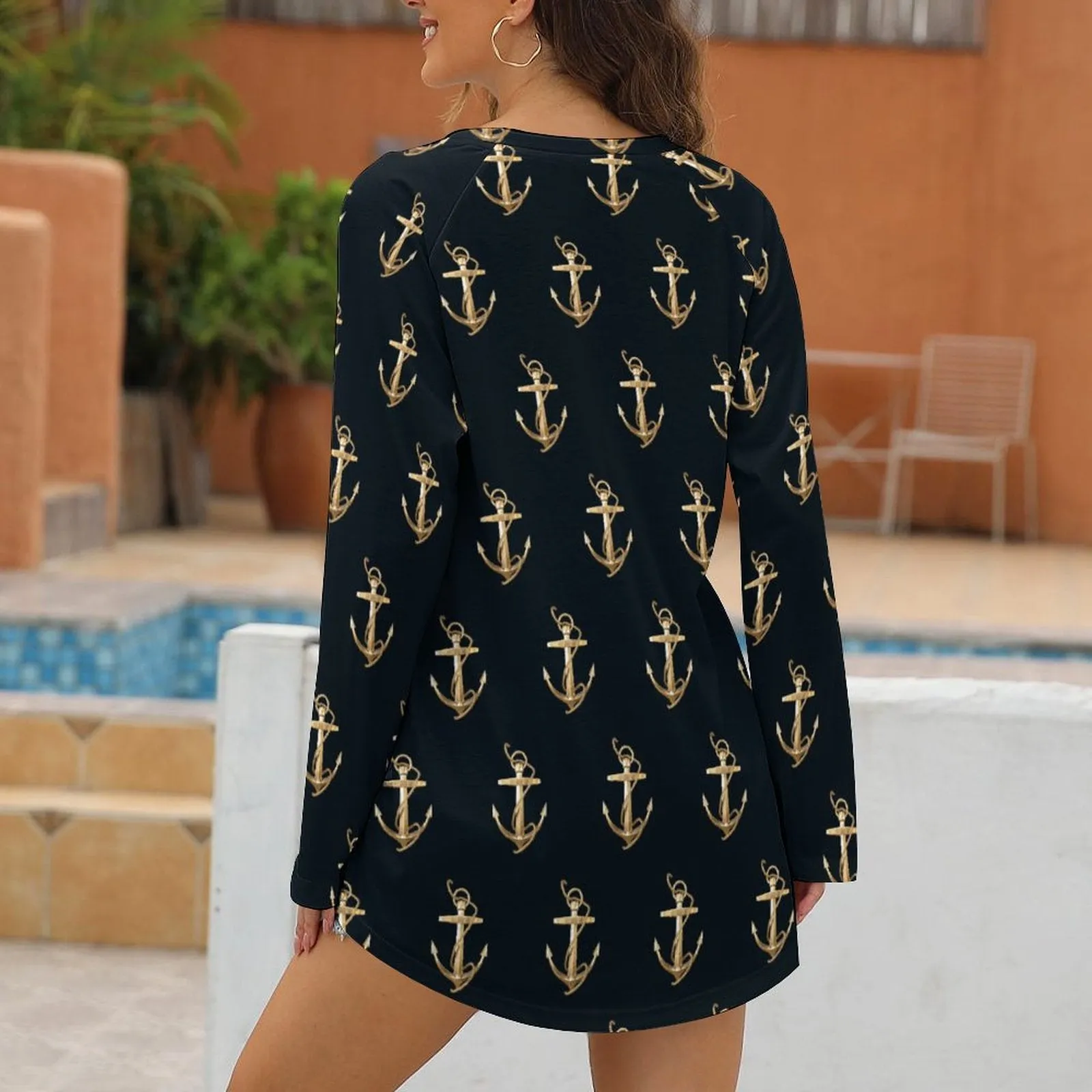 Women's Anchor Blouse, Custom Women's Long Sleeve U-Neck T-Shirts (All-Over Printing)