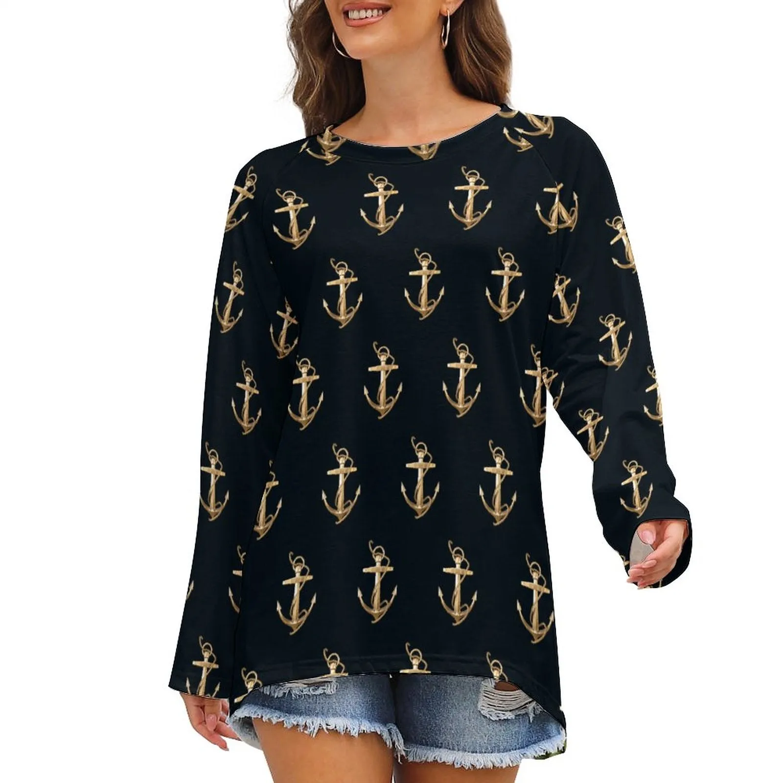 Women's Anchor Blouse, Custom Women's Long Sleeve U-Neck T-Shirts (All-Over Printing)