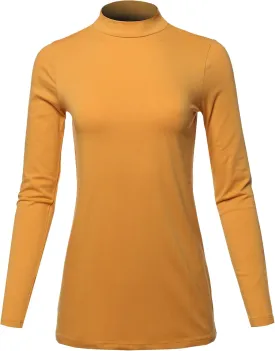 Women's Basic Solid Soft Cotton Long Sleeve Mock Neck Top Shirts