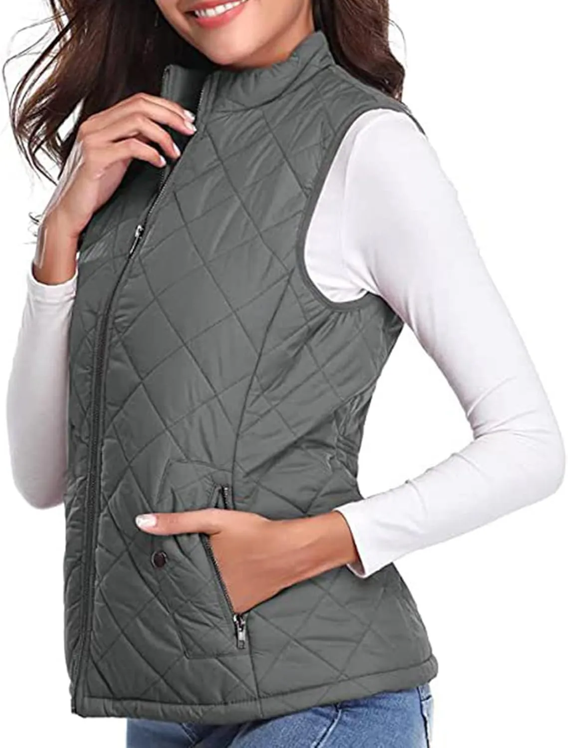Women's Fall Winter Vest Zip Up Quilted Jackets Sleeveless Winter Coats Stand Collar Athletic Vest for Hiking Running