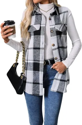 Women's Fashionable Plaid Sleeveless Vest, Loose Casual Button Wool Blend Outerwear with Pocket for Autumn & Winter
