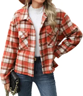 Women's Flannel Jacket Shirts Plaid Button Down Casual Coats 2024 Trendy Fleece Lined Fall Outerwear with Pockets