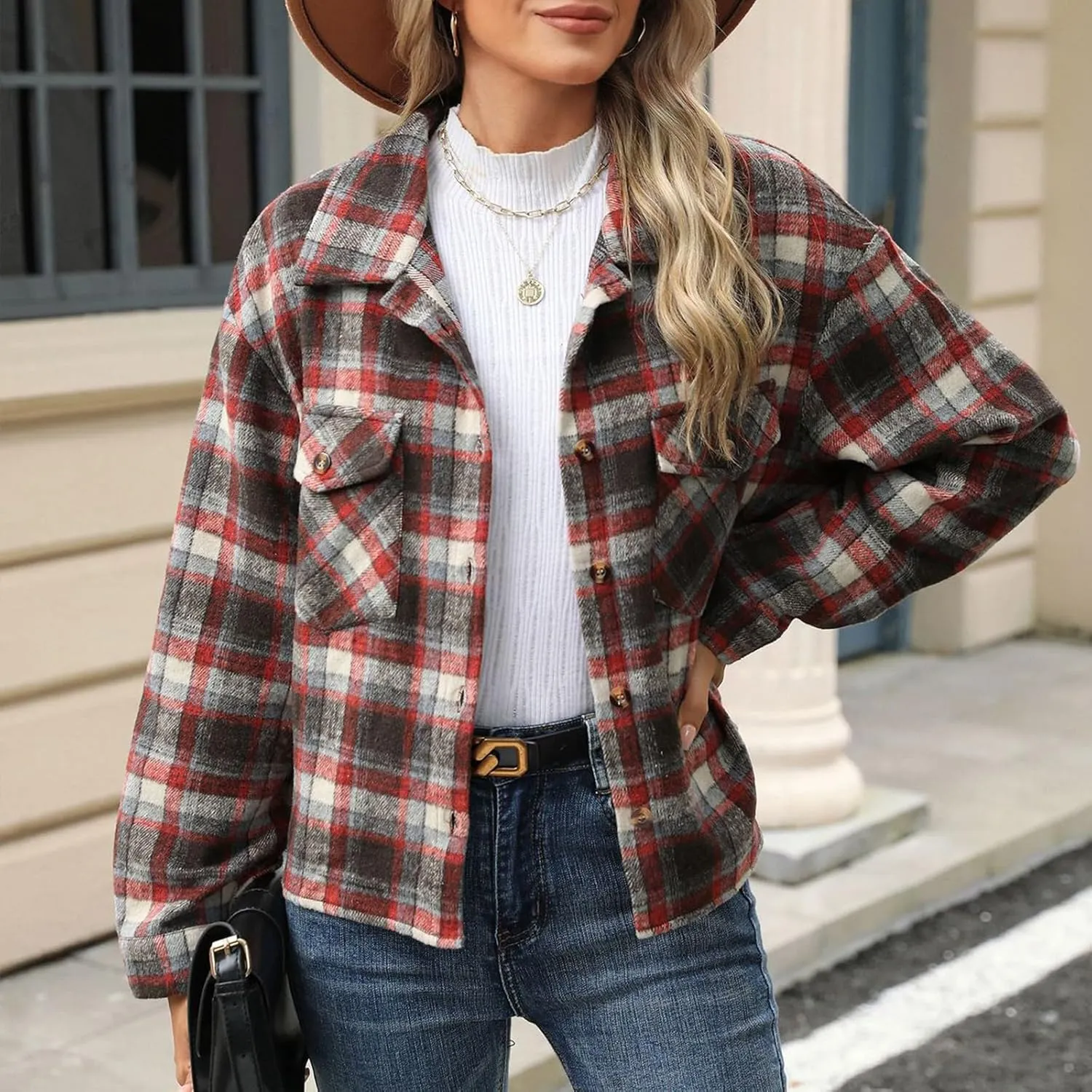 Women's Flannel Jacket Shirts Plaid Button Down Casual Coats 2024 Trendy Fleece Lined Fall Outerwear with Pockets