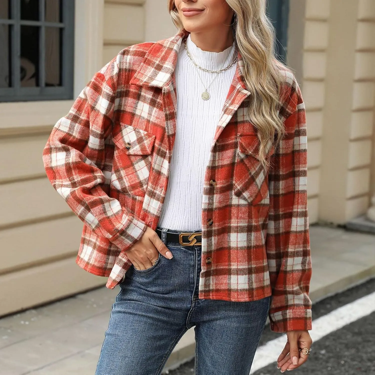 Women's Flannel Jacket Shirts Plaid Button Down Casual Coats 2024 Trendy Fleece Lined Fall Outerwear with Pockets