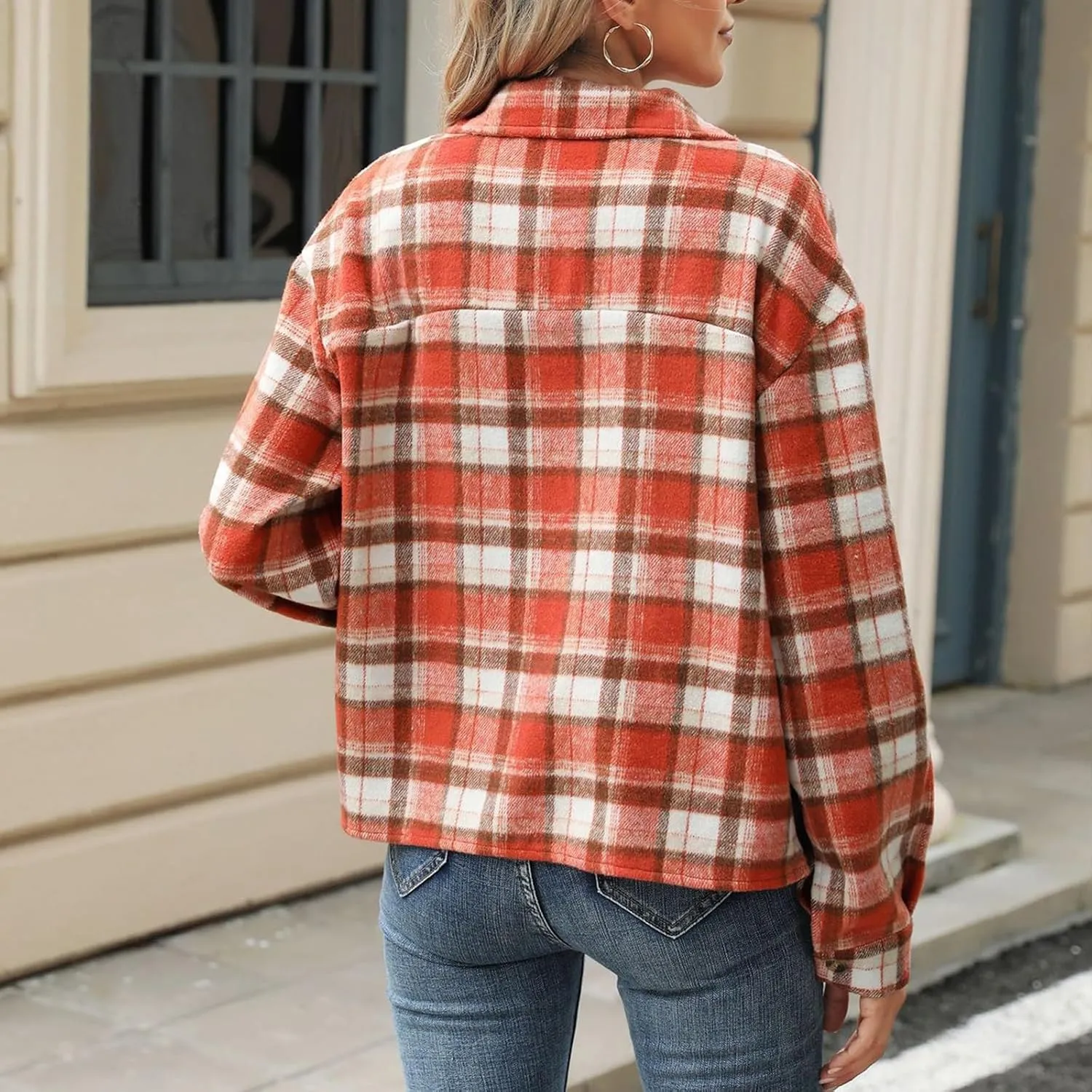 Women's Flannel Jacket Shirts Plaid Button Down Casual Coats 2024 Trendy Fleece Lined Fall Outerwear with Pockets