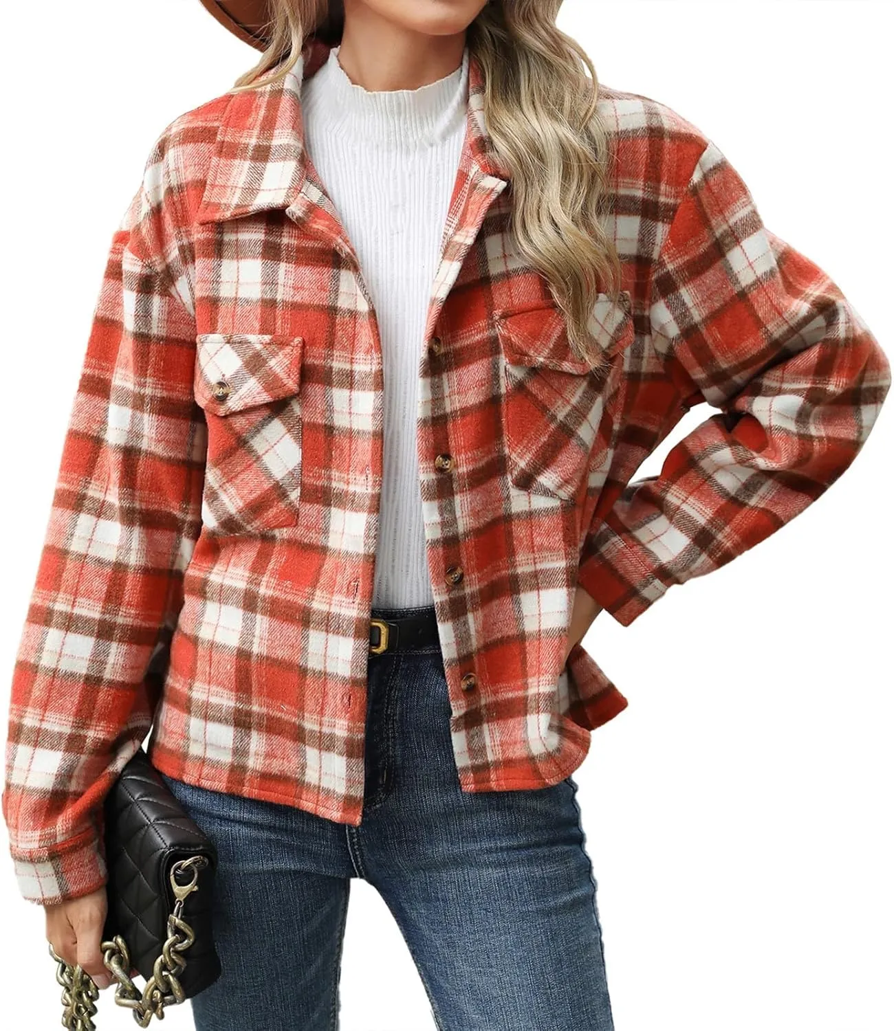 Women's Flannel Jacket Shirts Plaid Button Down Casual Coats 2024 Trendy Fleece Lined Fall Outerwear with Pockets