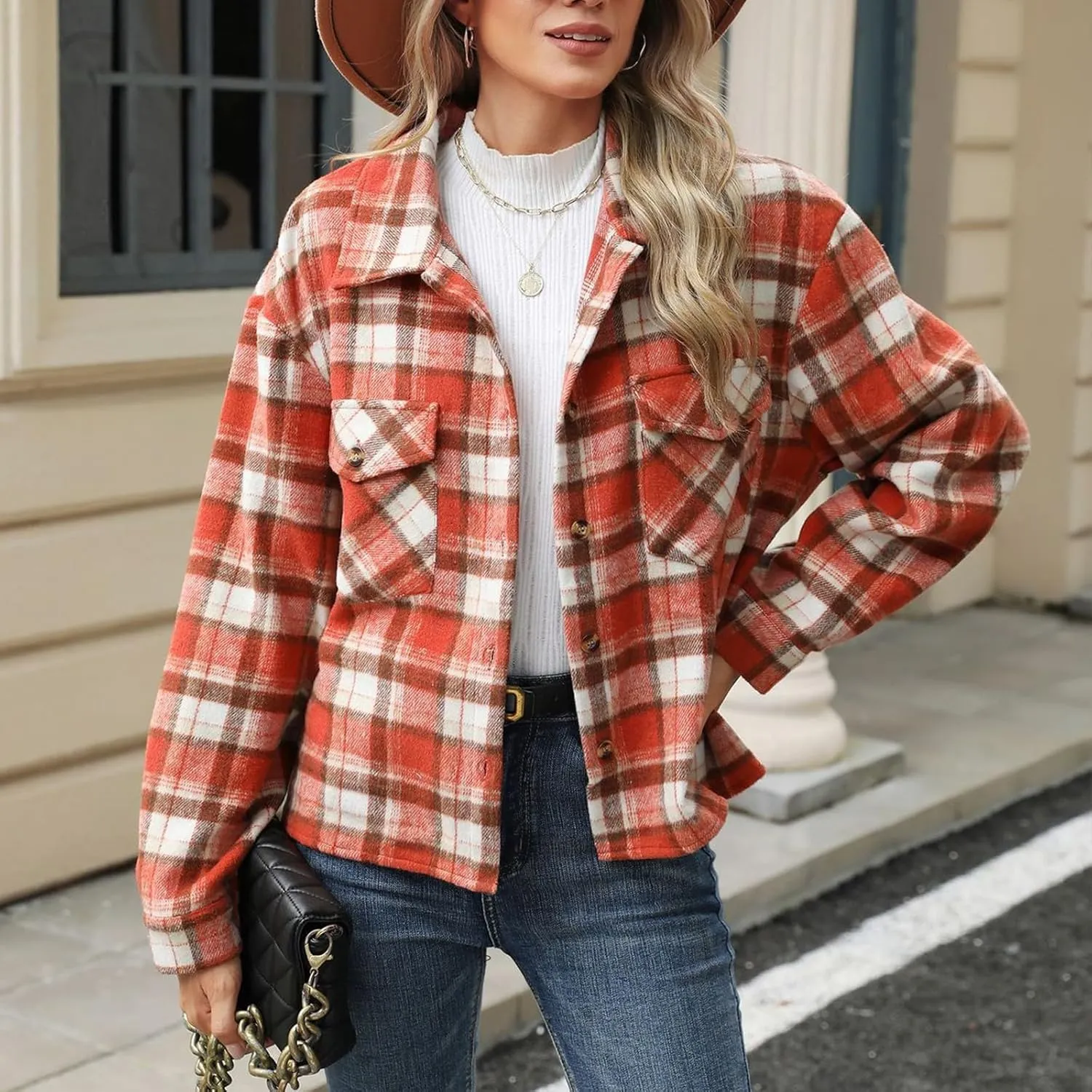 Women's Flannel Jacket Shirts Plaid Button Down Casual Coats 2024 Trendy Fleece Lined Fall Outerwear with Pockets