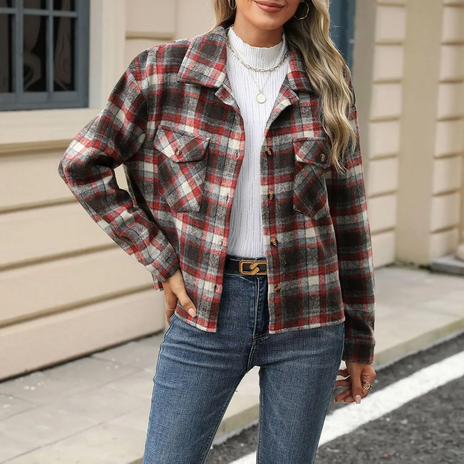 Women's Flannel Jacket Shirts Plaid Button Down Casual Coats 2024 Trendy Fleece Lined Fall Outerwear with Pockets