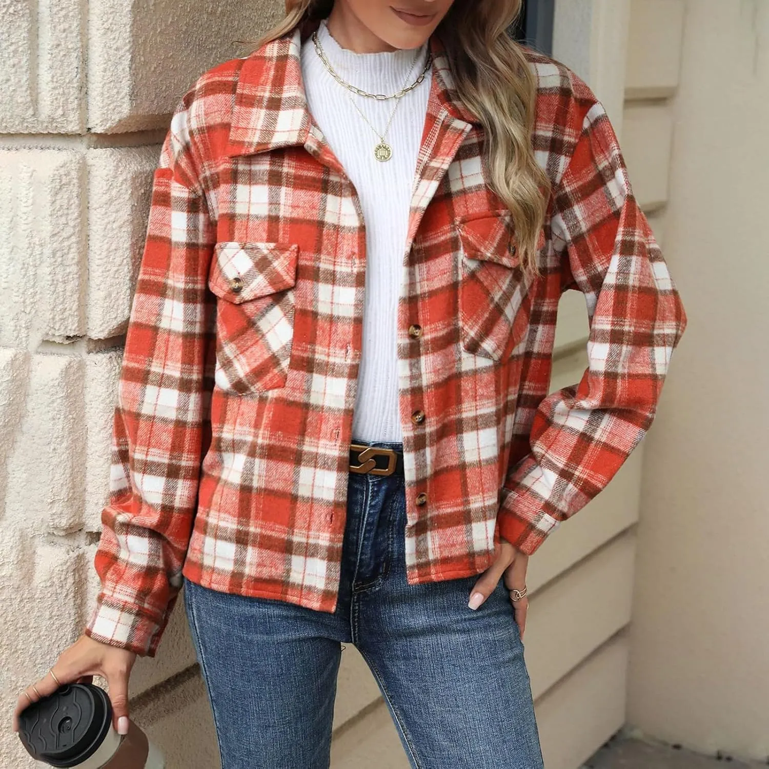 Women's Flannel Jacket Shirts Plaid Button Down Casual Coats 2024 Trendy Fleece Lined Fall Outerwear with Pockets