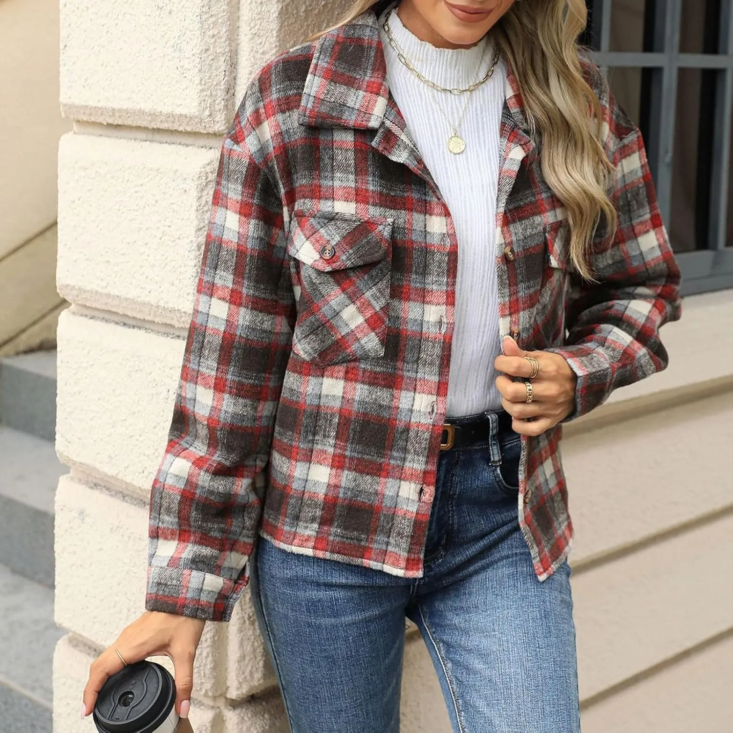 Women's Flannel Jacket Shirts Plaid Button Down Casual Coats 2024 Trendy Fleece Lined Fall Outerwear with Pockets