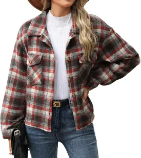 Women's Flannel Jacket Shirts Plaid Button Down Casual Coats 2024 Trendy Fleece Lined Fall Outerwear with Pockets