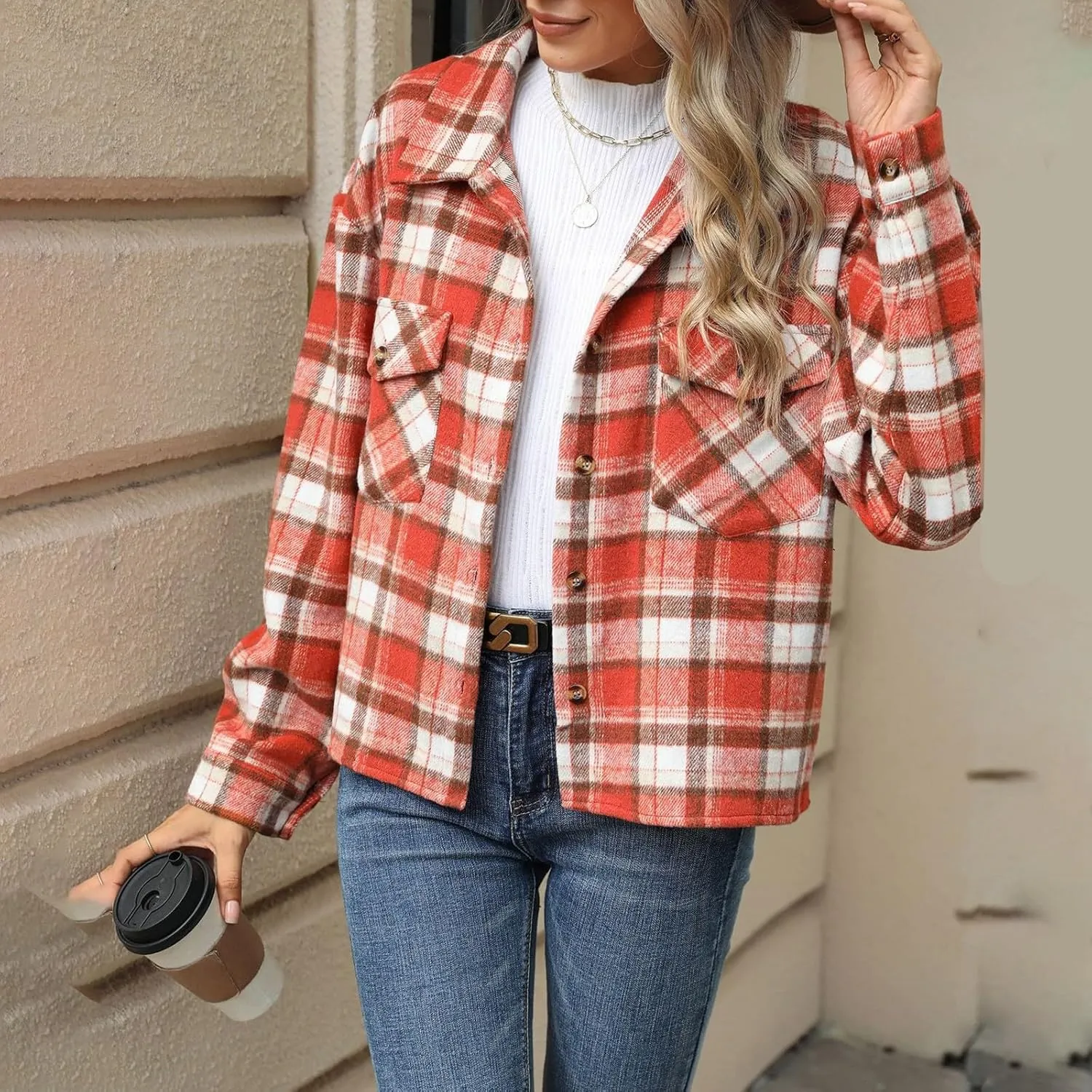 Women's Flannel Jacket Shirts Plaid Button Down Casual Coats 2024 Trendy Fleece Lined Fall Outerwear with Pockets