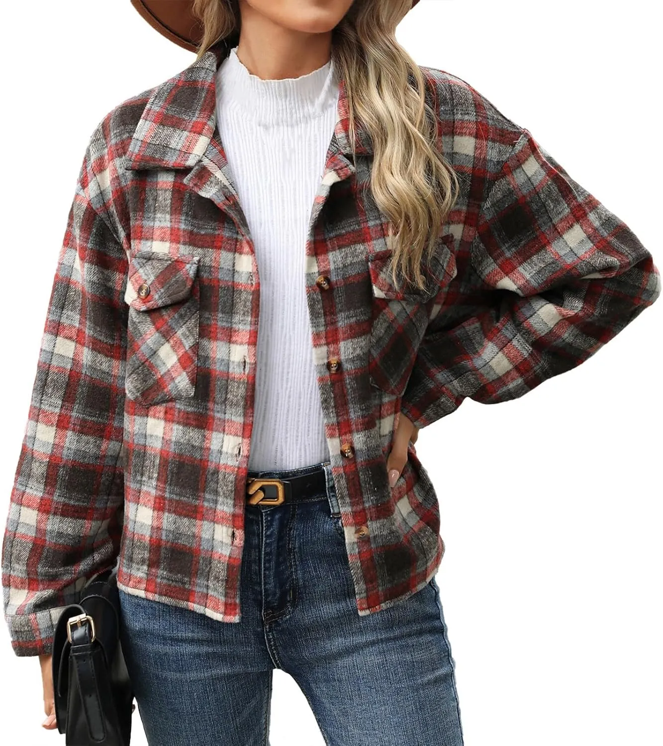 Women's Flannel Jacket Shirts Plaid Button Down Casual Coats 2024 Trendy Fleece Lined Fall Outerwear with Pockets