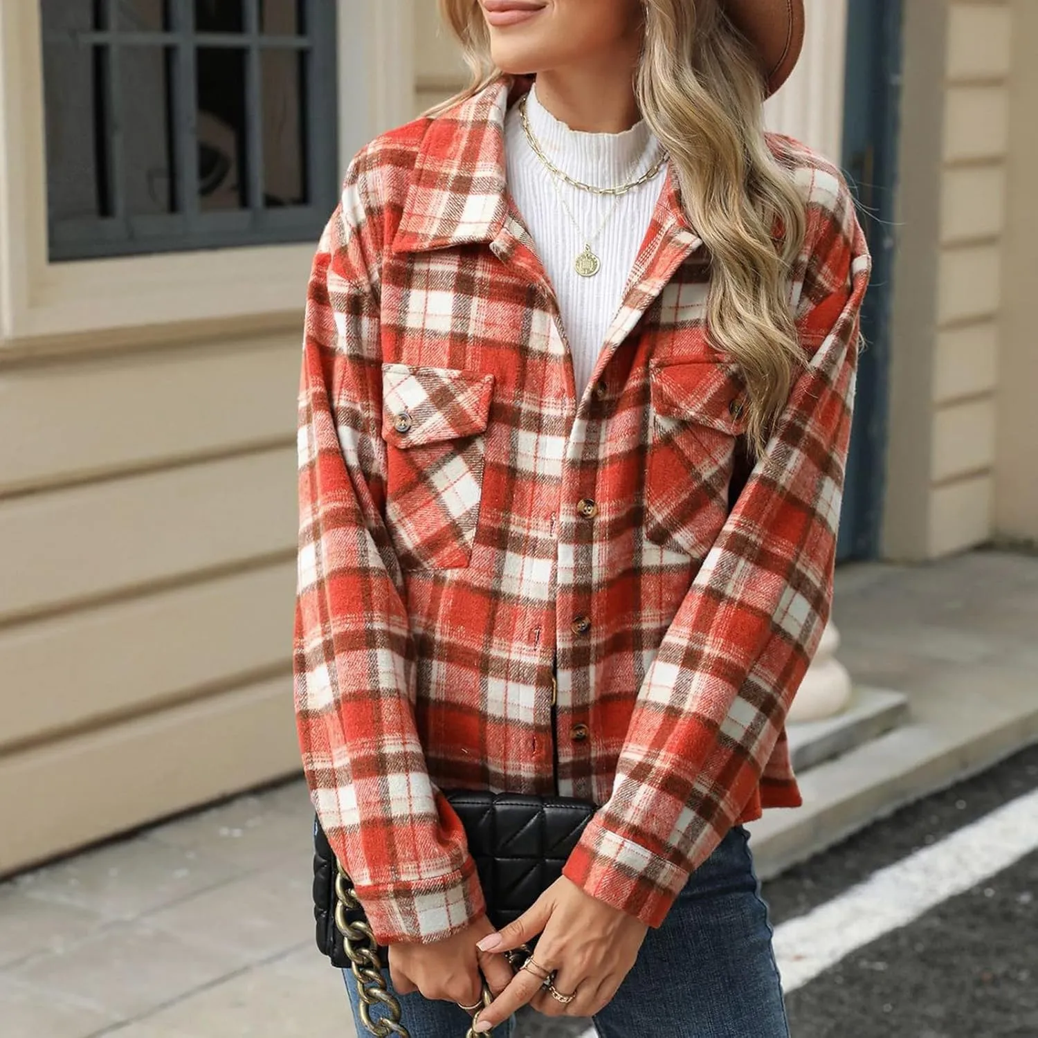 Women's Flannel Jacket Shirts Plaid Button Down Casual Coats 2024 Trendy Fleece Lined Fall Outerwear with Pockets