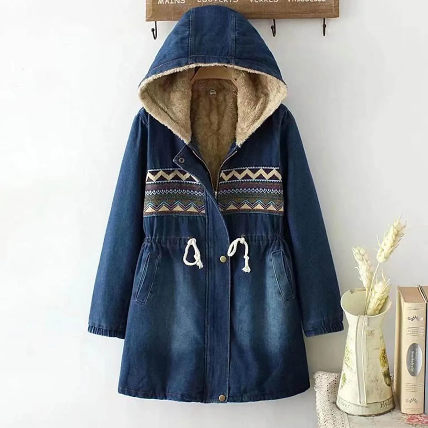 Womens Fleece Lined Denim Jacket Oversized Winter Coats Thicken Vintage Sherpa Jackets Parka Jeans Jacket with Pockets