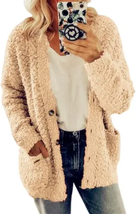 Womens Fuzzy Popcorn Long Sleeve Button Knit Cardigan Oversized Sherpa Sweater Lightweight Plus Size Winter Coat