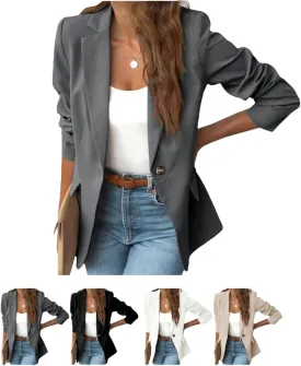 Women's Minimalist Solid Button Lapel Collar Blazer, Front Opening Casual Long Sleeve Blazer, Business Outfits for Women