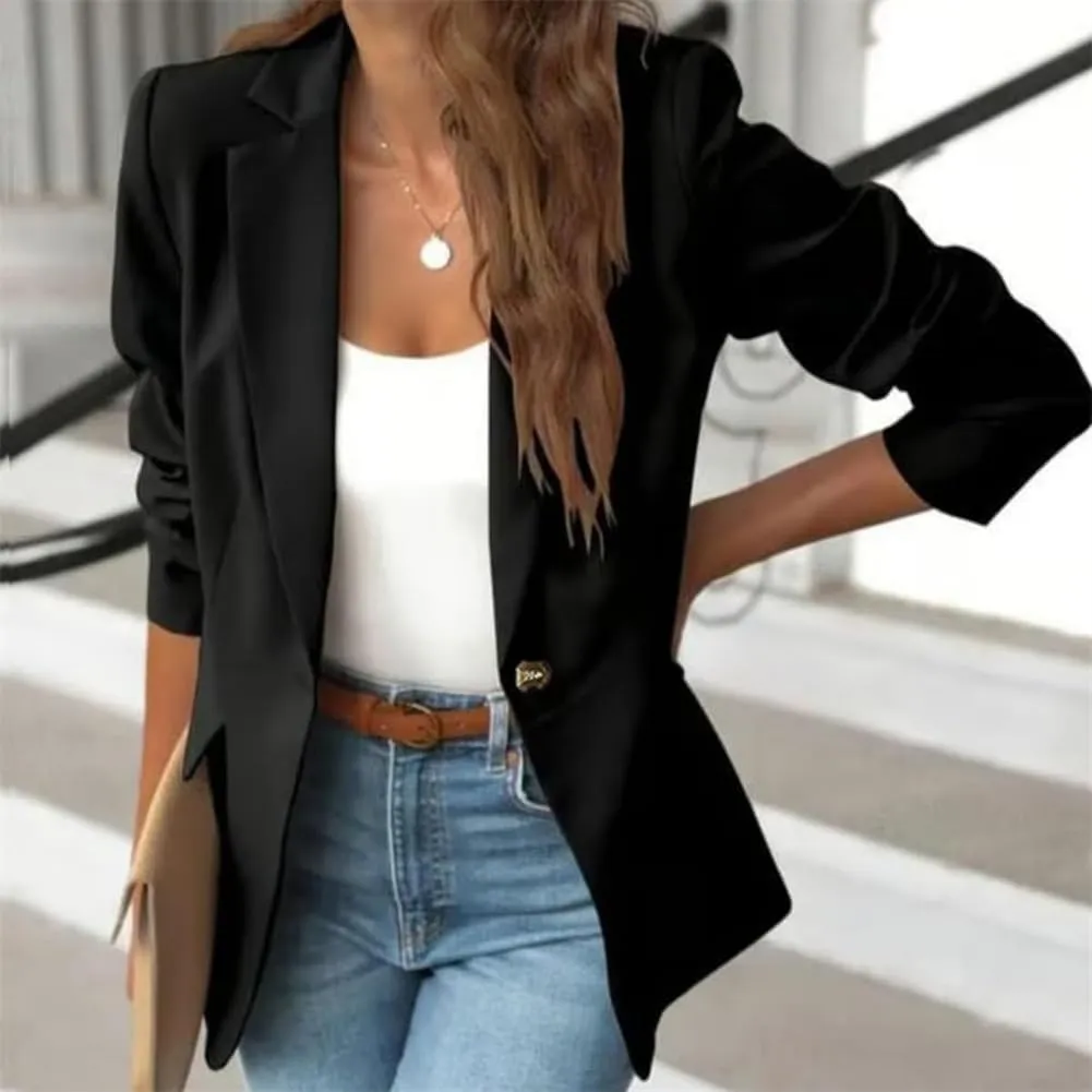 Women's Minimalist Solid Button Lapel Collar Blazer, Front Opening Casual Long Sleeve Blazer, Business Outfits for Women