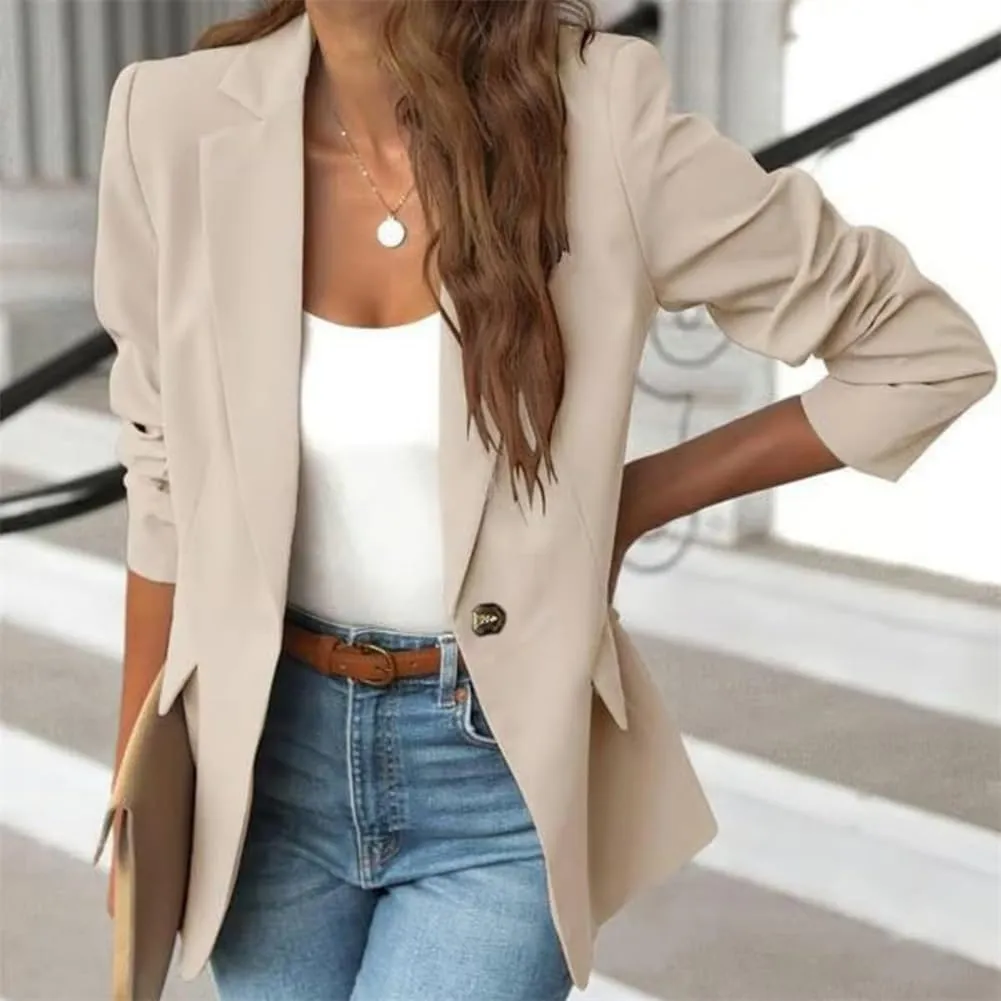 Women's Minimalist Solid Button Lapel Collar Blazer, Front Opening Casual Long Sleeve Blazer, Business Outfits for Women
